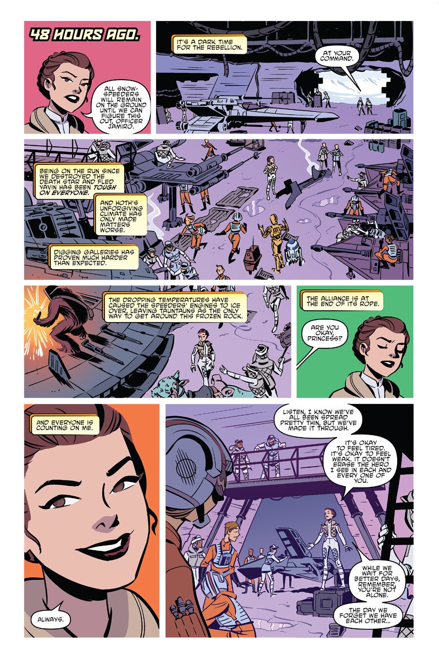 A page from a Star Wars Forces of Destiny comic book features Princess Leia directing operations inside the Rebel base on Hoth.