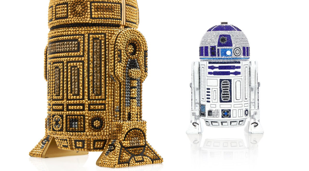 Judith Leiber's R2-D2 Classic and Gold bags close up