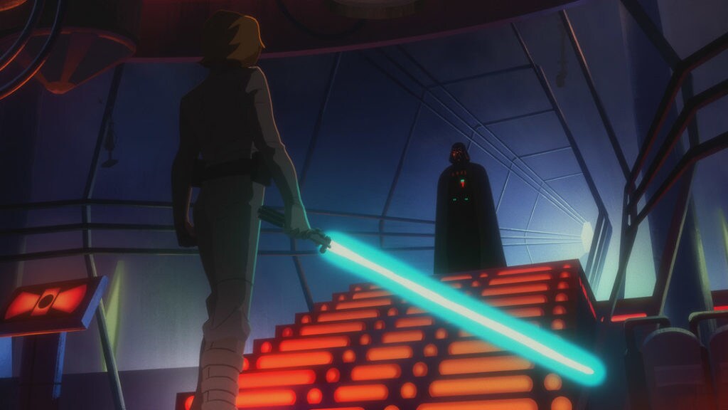Luke confronts Vader on Bespin in Star Wars Galaxy of Adventures.