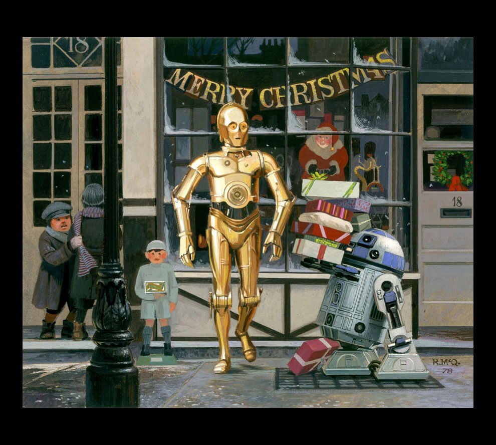 Ralph McQuarrie's 1978 Lucasfilm holiday card featuring C-3PO and R2-D2 shopping for gifts.