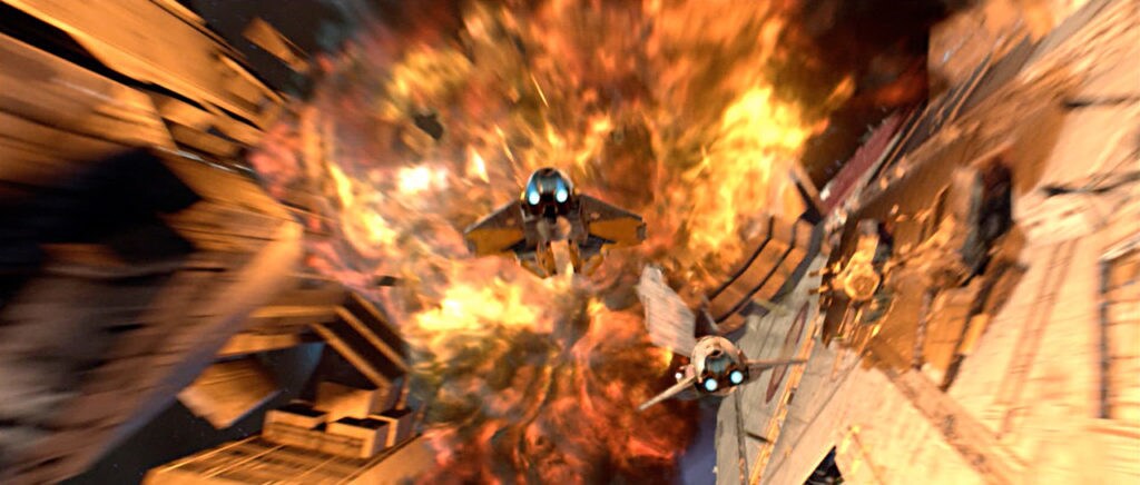 Two Jedi Interceptors fly into an explosion.