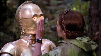 Princess Leia quiets C-3PO on Endor