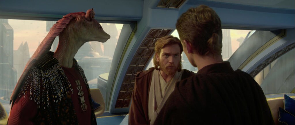 Jar Jar Binks, Obi-Wan Kenobi, and Anakin Skywalker in Attack of the Clones.