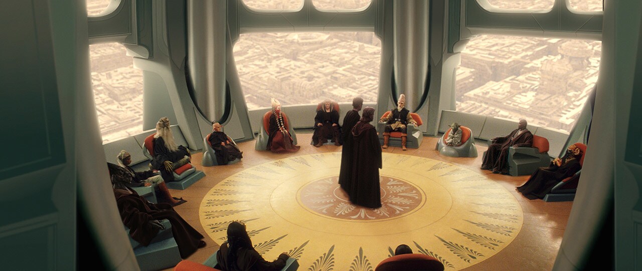 Obi-Wan Kenobi and Anakin Skywalker stand before the Jedi Council.
