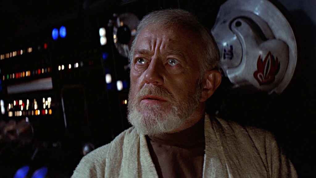 Obi-Wan looks scared in Star Wars: A New Hope.