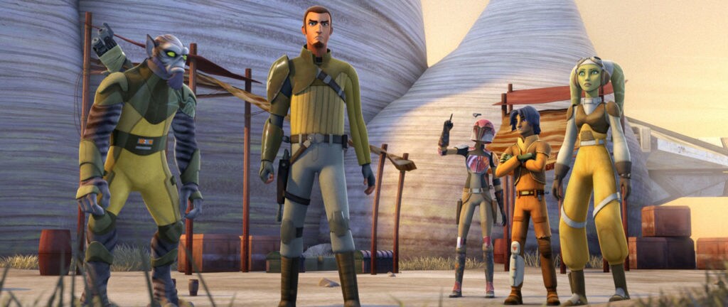 Hera, Ezra, Sabine, Zeb, and Kanan gather in a small village in Star Wars Rebels.