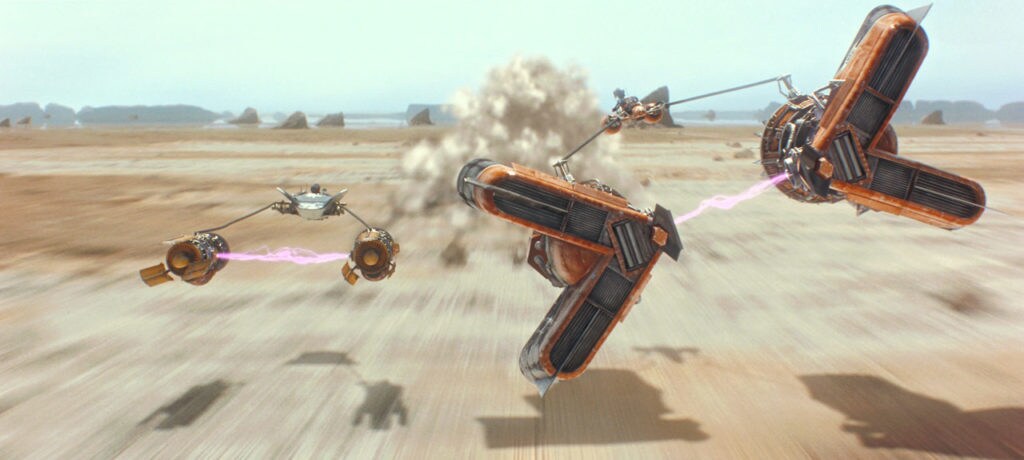 Anakin and Sebulba clash in the podrace.