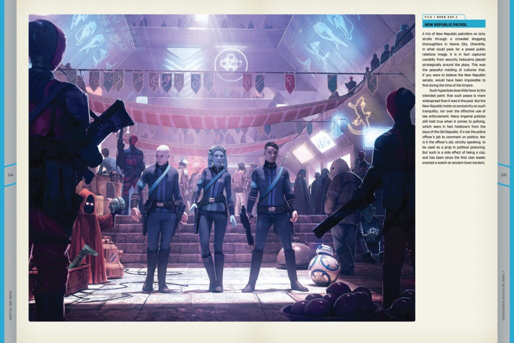 Spread from the book Scum and Villainy depicting three police officers in a cantina.