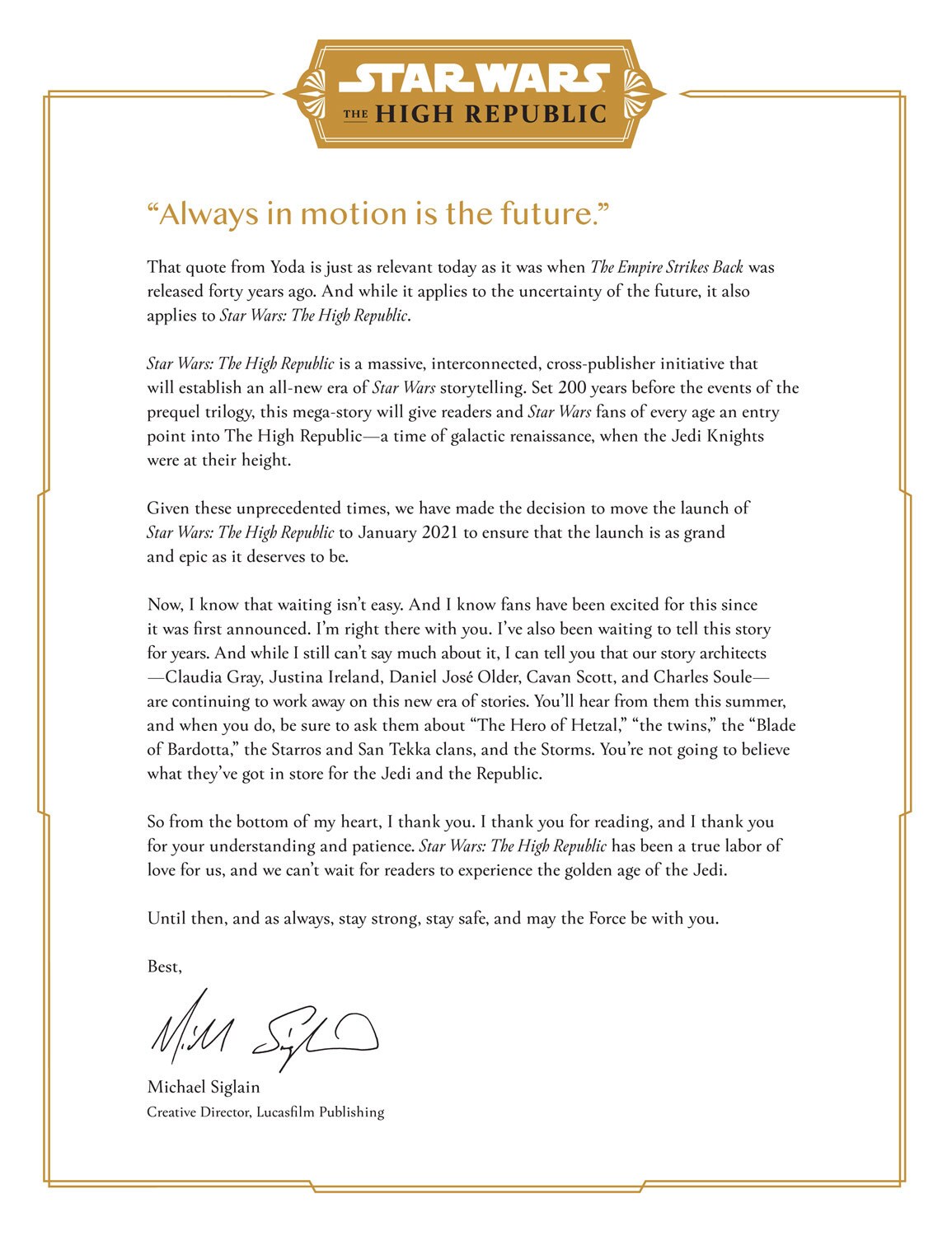 Letter from Lucasfilm's Michael Siglain on Star Wars: The High Republic.