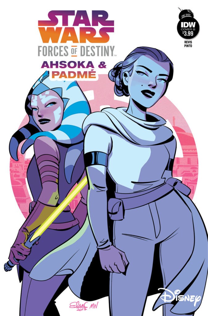 The cover of the comic book Star Wars Forces of Destiny Ahsoka & Padme features both women back to back.
