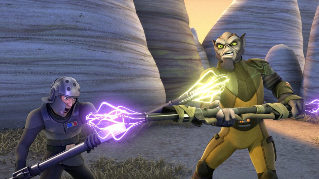 Zeb and Kallus stand off against one another using their glowing Bo-Rifles in Star Wars Rebels.
