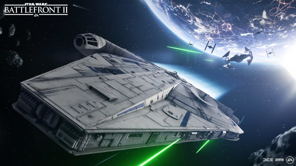 The Millennium Falcon escapes from a group of TIE fighters in the Star Wars Battlefront game.