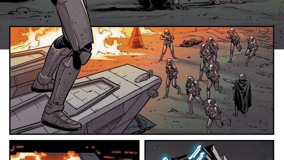 Kylo Ren and stormtroopers leave a burning village on a page from Marvel’s Star Wars: The Force Awakens comic book adaptation.