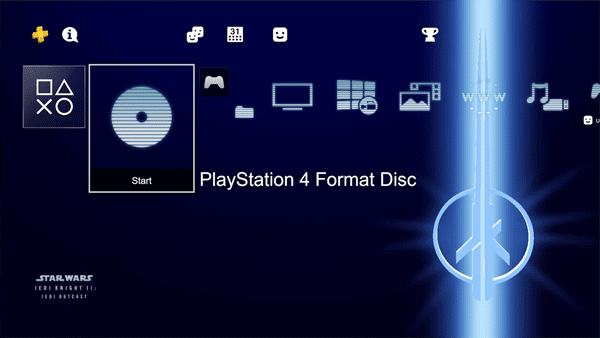 A Star Wars themed Playstation 4 menu screen, with a rotating lightsaber logo.