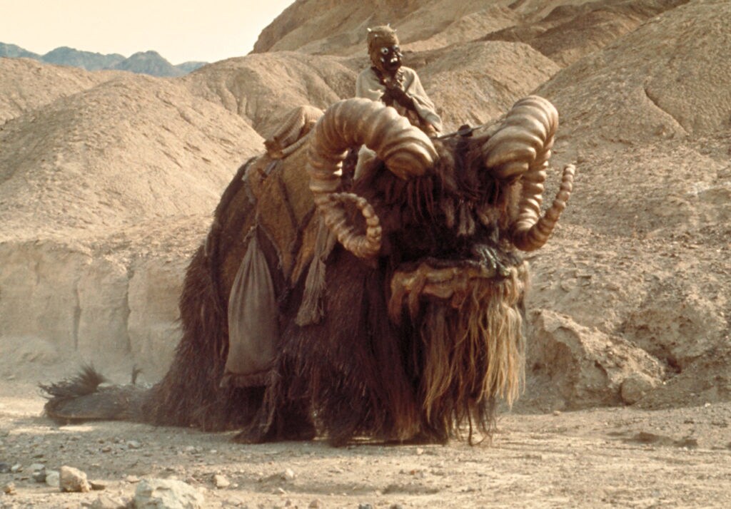 A Tusken Raider rides a Bantha.