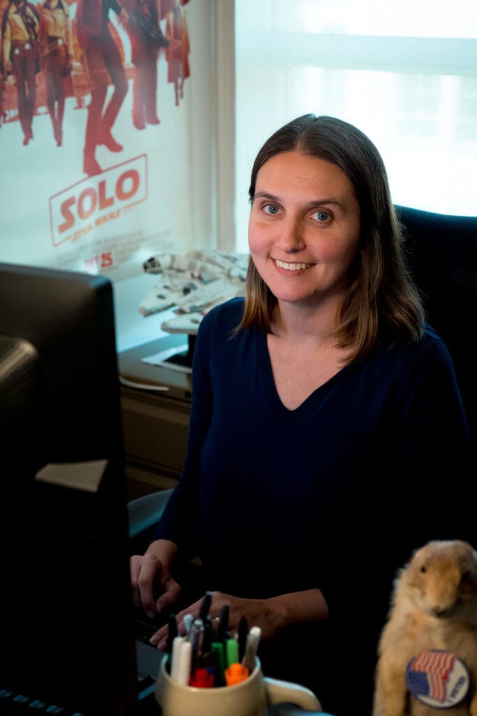 Star Wars visual effects producer Erin Dusseault sits in her office.