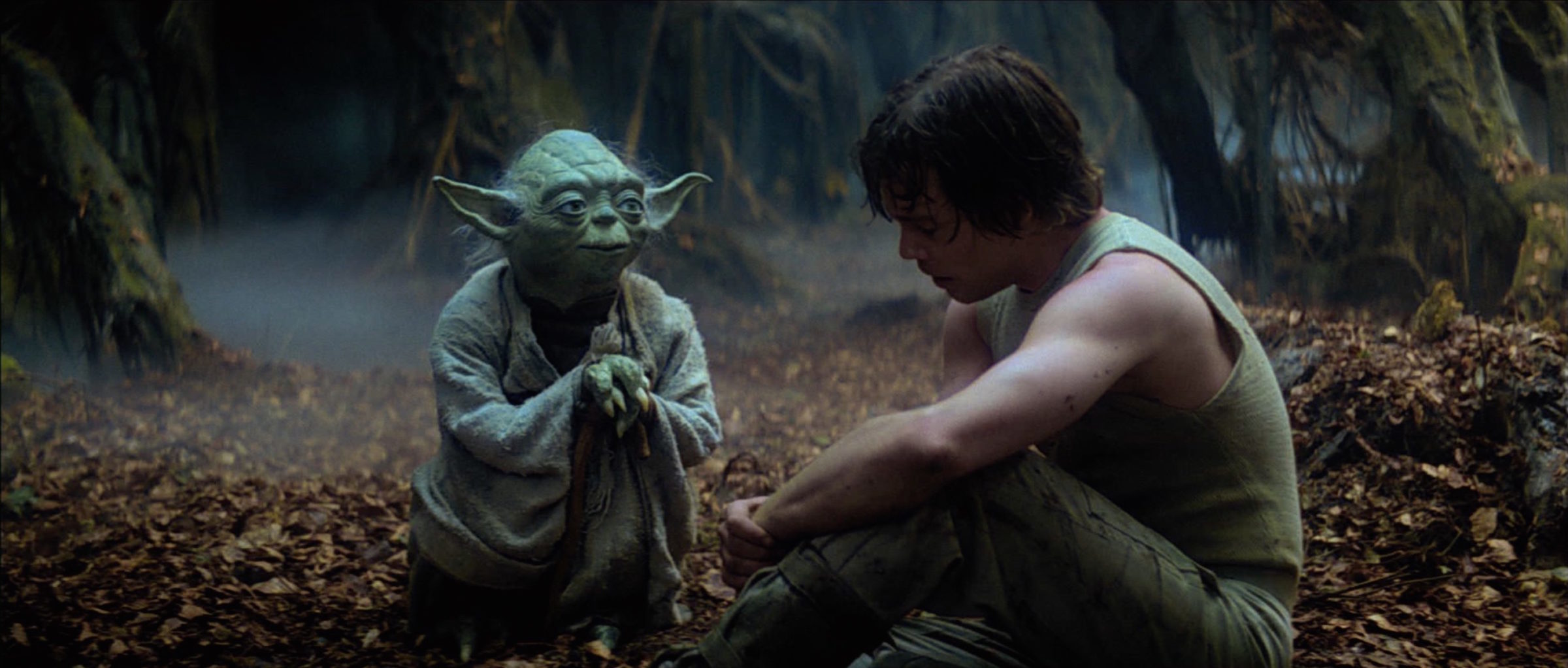Leaning on his walking stick, Yoda talks to a dejected Luke who sits on the ground on swampy Dagobah in The Empire Strikes Back.
