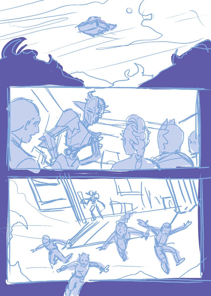 Artist Megan Levens' layouts for a page in Return to Vader's Castle