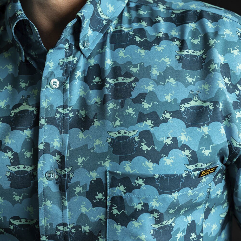 D23 Expo 2022 exclusive button down shirt featuring a Grogu print.