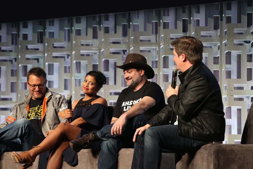 Voice actor Tiya Sircar and Rebels showrunner Dave Filoni, on a panel at Celebration Orlando.