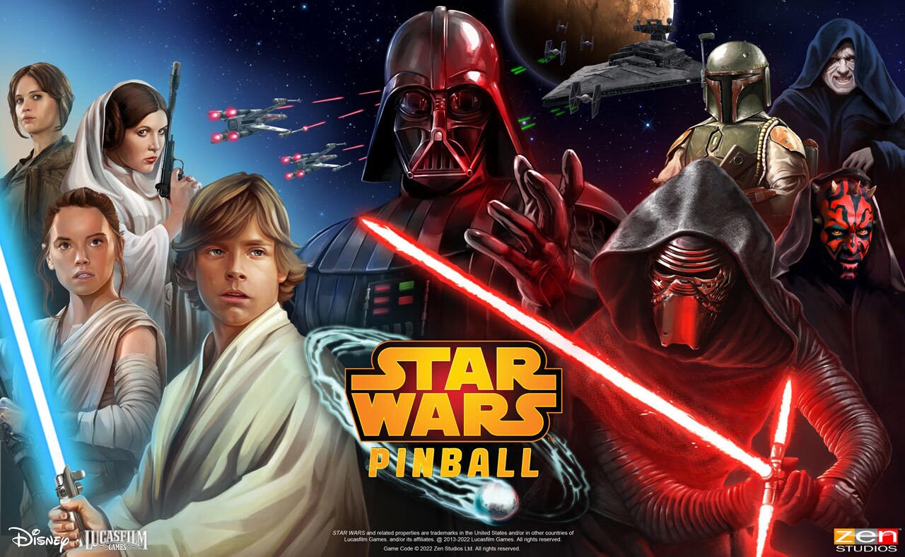 Star Wars Pinball key art featuring illustrated versions of Luke Skywalker, Kylo Ren, and more.