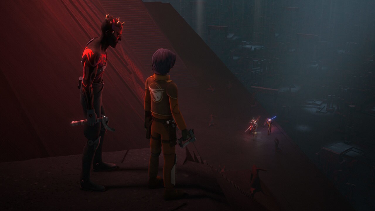 Maul and Ezra watch a lightsaber battle from a distance in Star Wars Rebels.