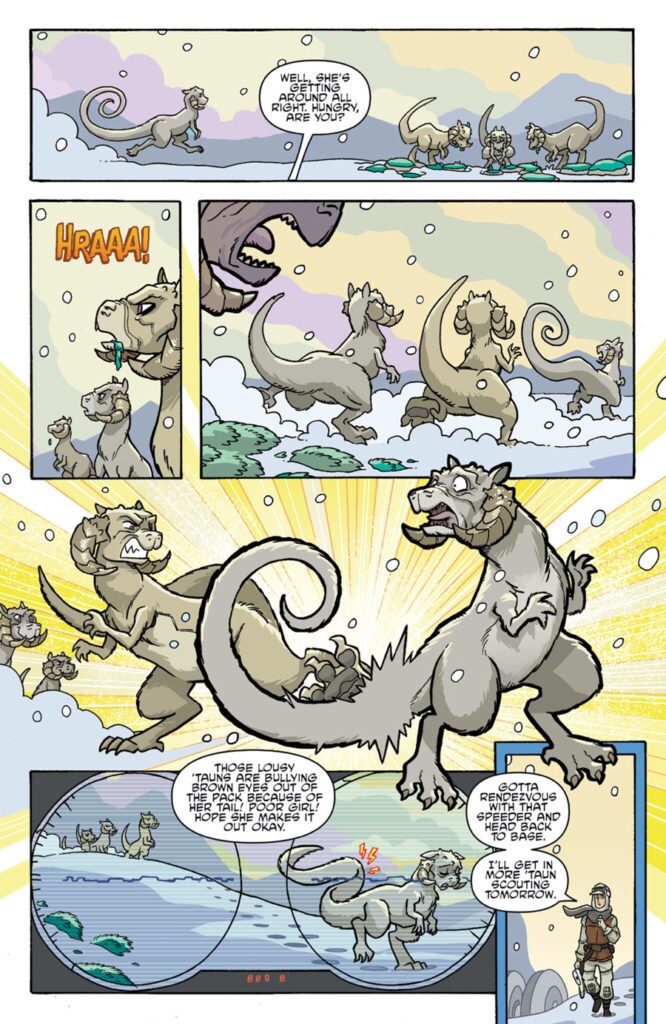 A page from Star Wars Adventures #22, in which a tauntaun is shunned from its pack for having a long tail.