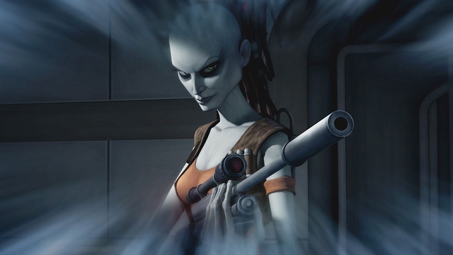 Aurra Sing holding a blaster rifle in The Clone Wars