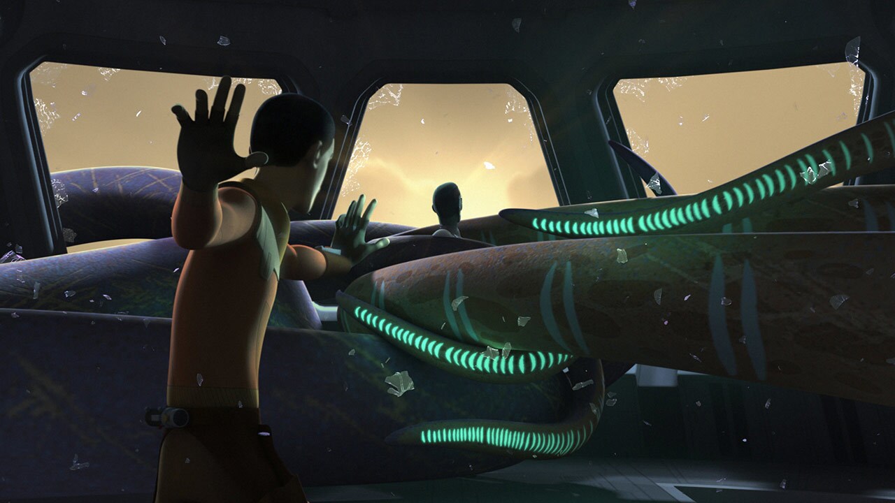 Ezra holds out a hand towards glowing purrgil tentacles in the Star Wars Rebels episode Family Reunion and Farewell.