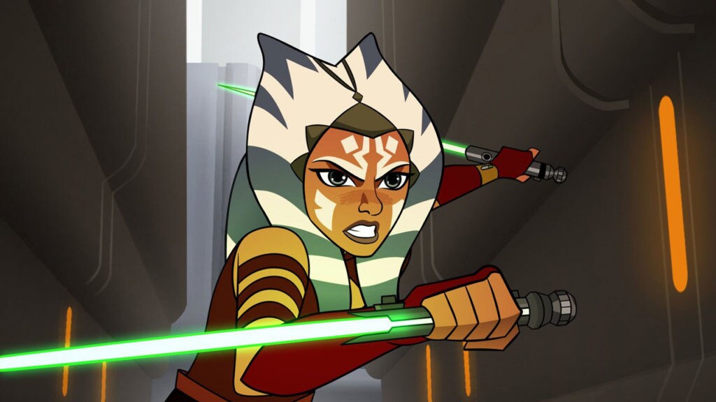 Ahsoka Tano wields two green lightsabers in Star Wars Forces of Destiny.