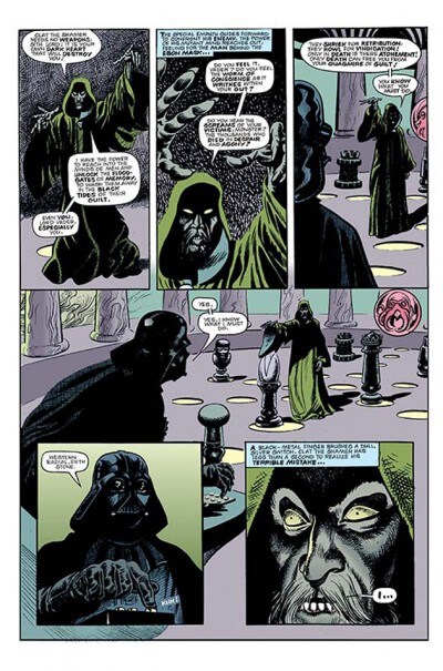In a series of panels from Marvel UK's comic story Dark Lord's Conscience, Darth Vader confronts Clat the Shamer.