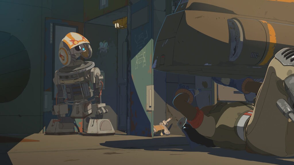 Bucket in front his locker showing a drawing of a C-1 droid in Star Wars Resistance.