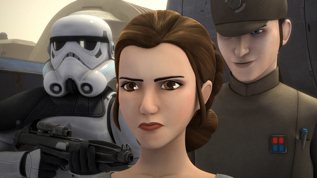 Princess Leia is escorted by a stormtrooper and young Tarkin in Star Wars Rebels.