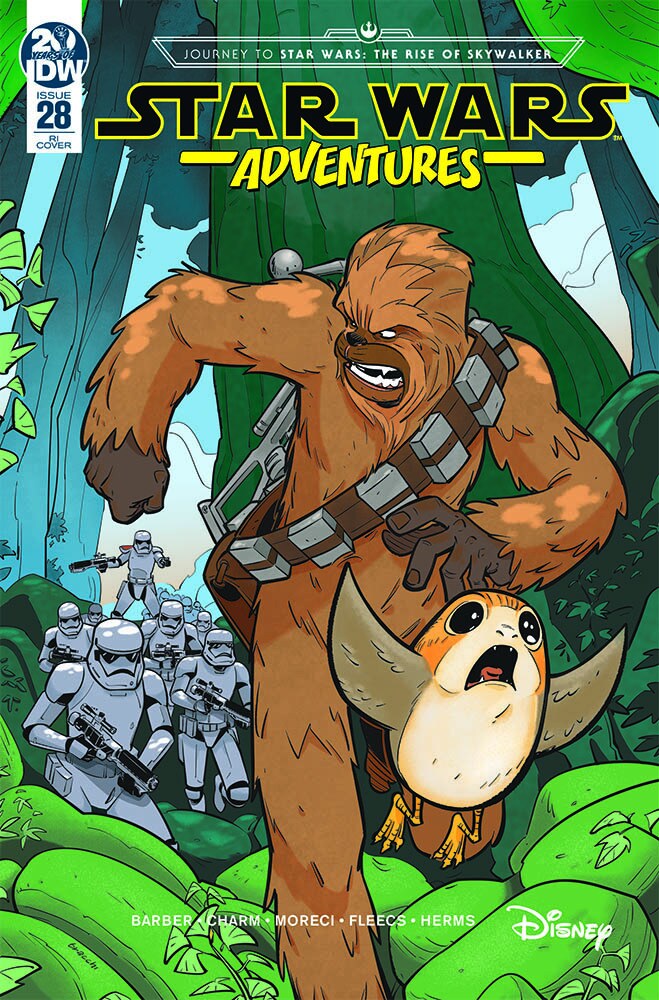 Chewbacca and a porg flee from stormtroopers, on the cover of Star Wars Adventures #28.