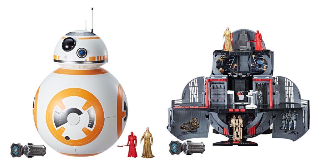 A Star Wars Force Link BB-8 2-in-1 Mega Playset by Hasbro. The left side of the image demonstrates what the BB-8 toy looks like closed. The right side shows the playset inside when it's opened.