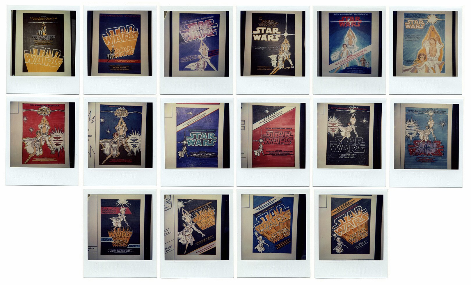 Polaroid pictures of vintage Star Wars posters.