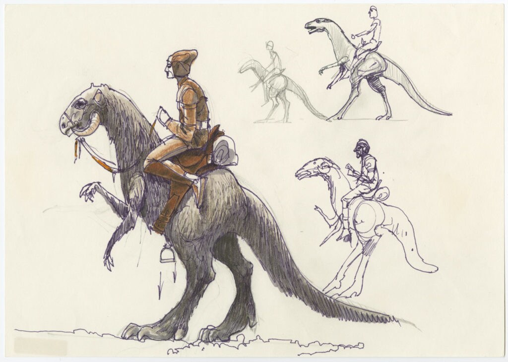 Concept art of a rebel riding a tauntaun for Star Wars: The Empire Strikes Back.