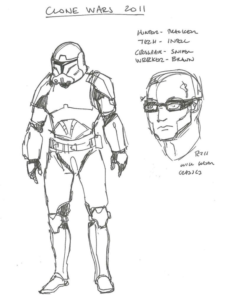 A concept sketch of clone commando Tech, by Clone Wars showrunner Dave Filoni.