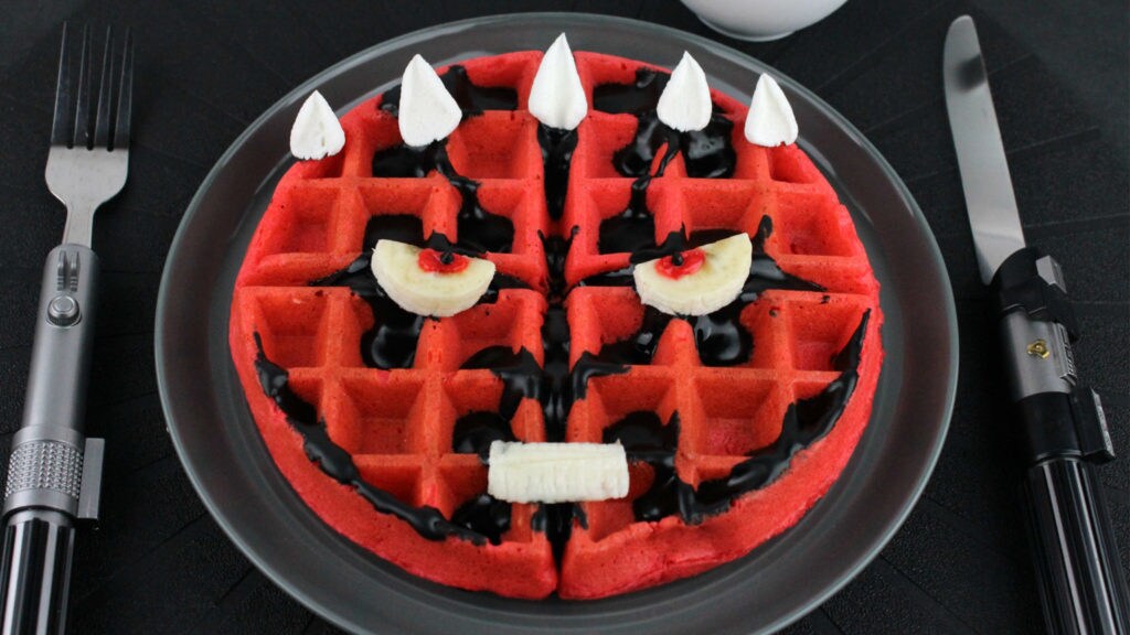 Red waffles decorated to look like Darth Maul.