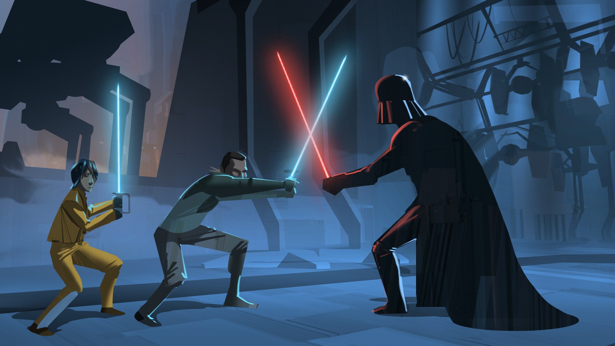 Ezra and Kanan battle Darth Vader.