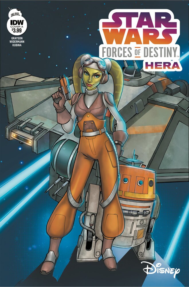 The cover of the comic book Star Wars Forces of Destiny: Hera features Hera and Chopper.