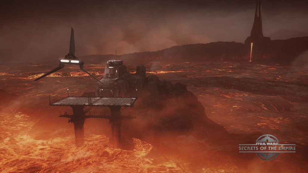 A ship flies over lava, heading for a platform on Mustafar.