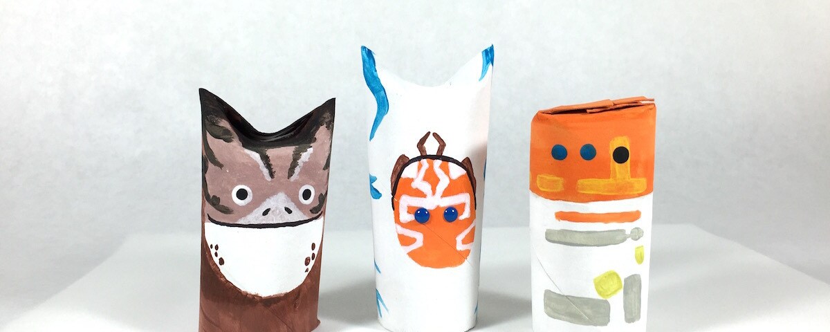 Ahsoka Tano, Chopper, and a loth-cat from Star Wars Rebels made with toilet paper roll tubes and paint.
