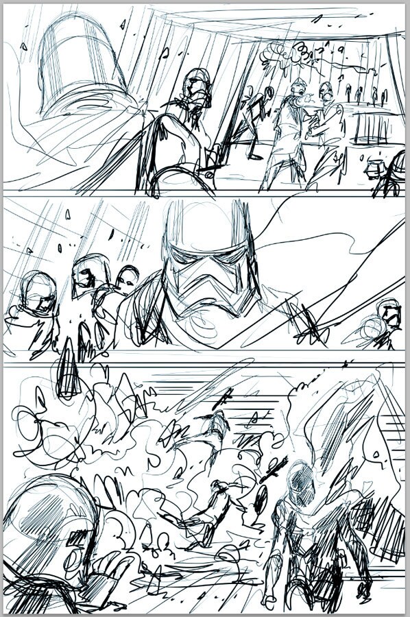 Three panels of early sketches by artist Marco Checchetto for the comic book miniseries Captain Phasma. The panels show Captain Phasma and stormtroopers in a corridor of the Death Star under attack by the Rebel Alliance.