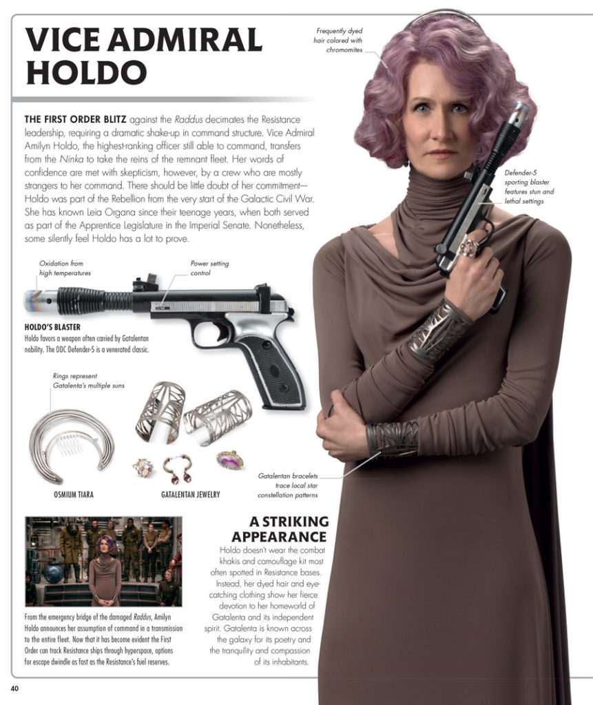 A page from the book Star Wars: The Last Jedi - The Visual Dictionary shows an image of Vice Admiral Holdo along with her biography and descriptions of her blaster, jewelry, and overall appearance.