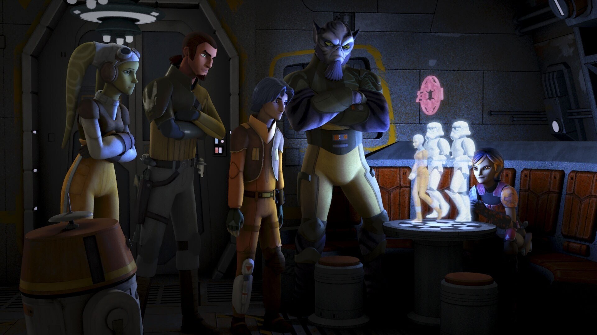 The Ghost crew looking at a hologram of Jedi Master Luminary Unduli in Imperial custody