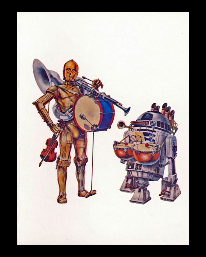 A Lucasfilm holiday card, illustrated by John Alvin, shows C-3PO and R2-D2 as a two-droid band, equipped with multiple instruments and a microphone.