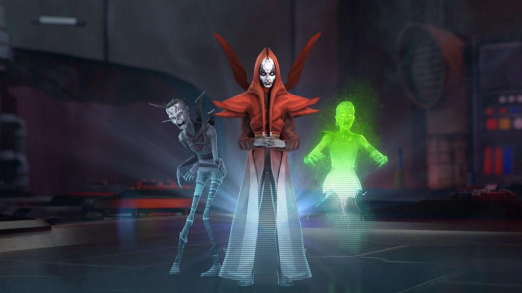 A Nightsister flanked by two Nightsister zombies in the game Star Wars: Galaxy of Heroes.