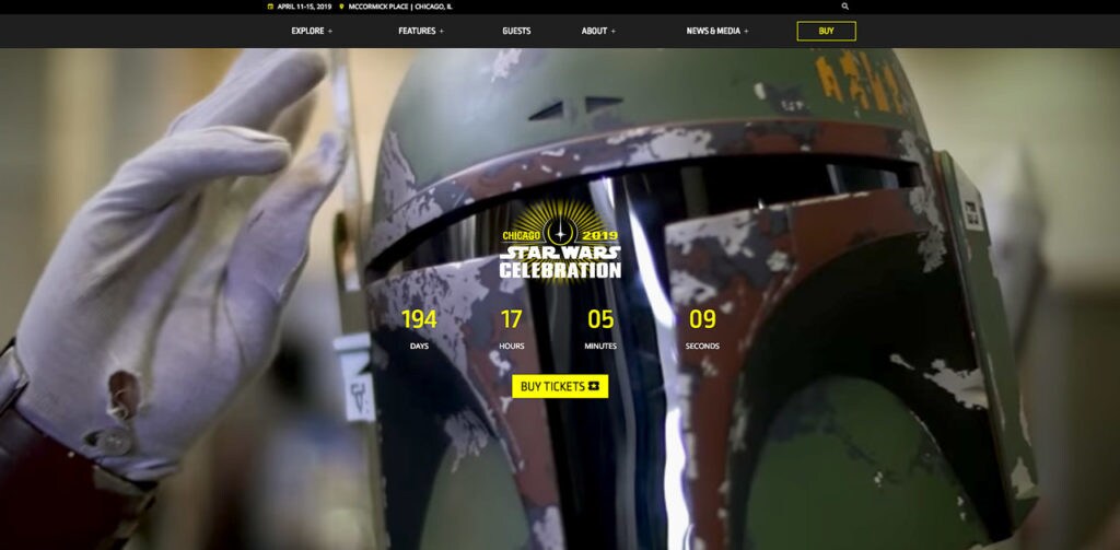 The countdown webpage for the 2019 Star Wars Celebration in Chicago, with a background image of a Boba Fett cosplayer.