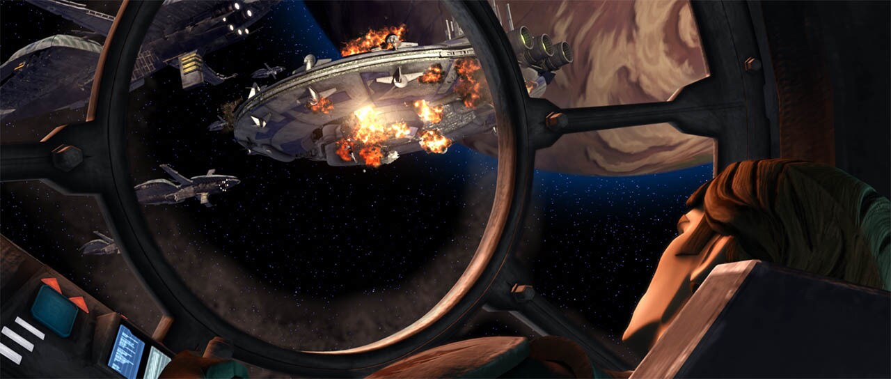 Anakin watches the Battle of Ryloth from an escape pod in Star Wars: The Clone Wars.